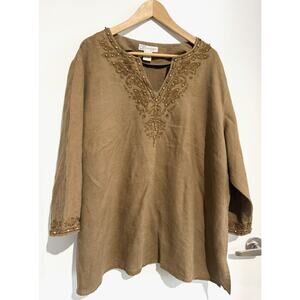 Dressbarn Linen tunic Shirt Women’s 24W Brown Embroidery Coastal grandma peasant